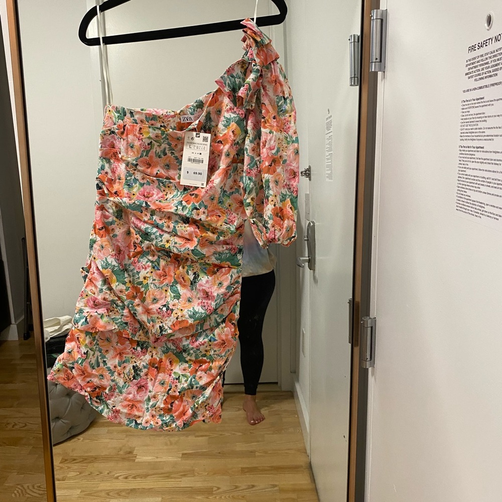 Zara Large floral one shoulder dress NWT